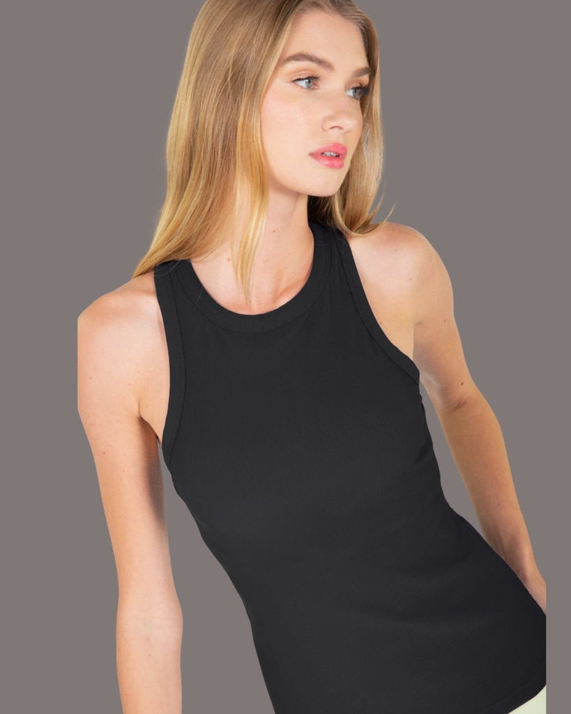 Active Ribbed Tank Top with Shelf Bra in Black, - shopdyi.com