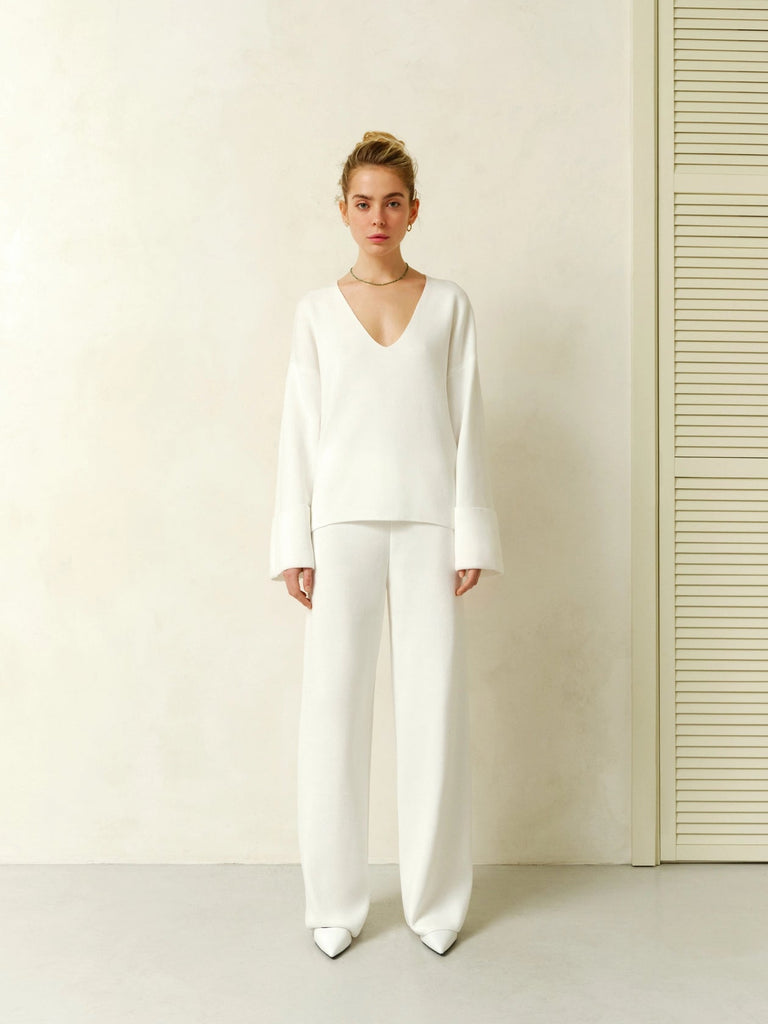 Flare Leg Lounge Set with Loose Cut Pullover in Milk, - shopdyi.com